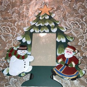 CHRISTMAS PHOTO FRAME metal tree w/ snowman & Santa & star.   $9